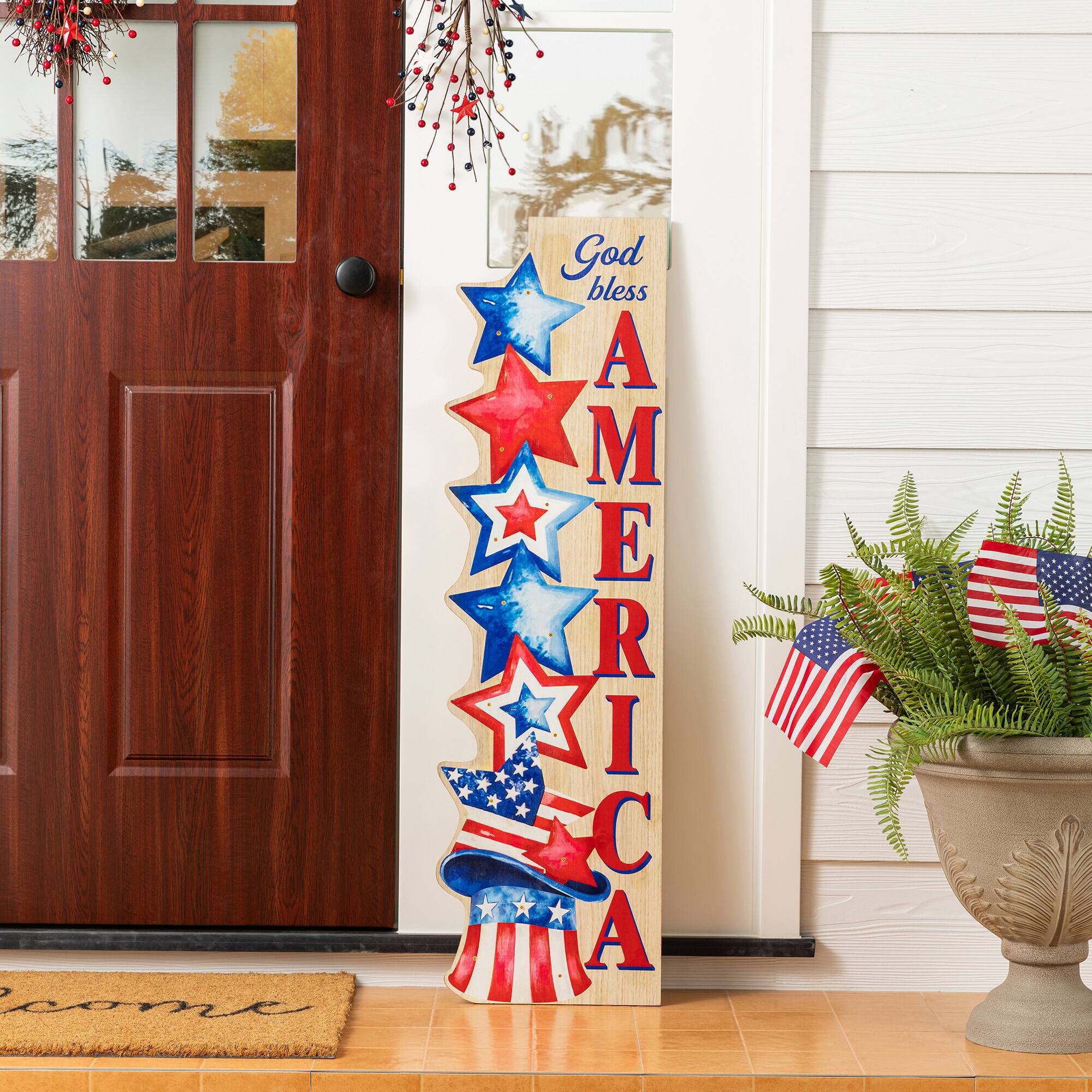 Glitzhome® 42" Lighted Patriotic Americana Wooden Stacked Stars Porch Sign with Timer